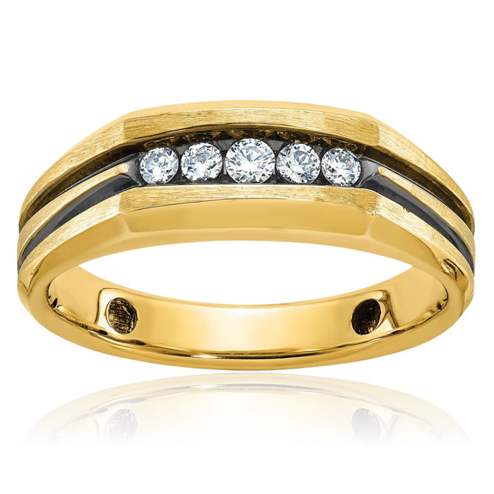 10K Solid Yellow Gold Black Mens Diamond 5 Stone Wedding Band Statement Ring