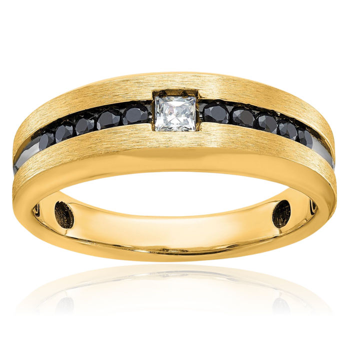 10K Solid Yellow Gold Black Mens White Diamond Wedding Band Statement Ring