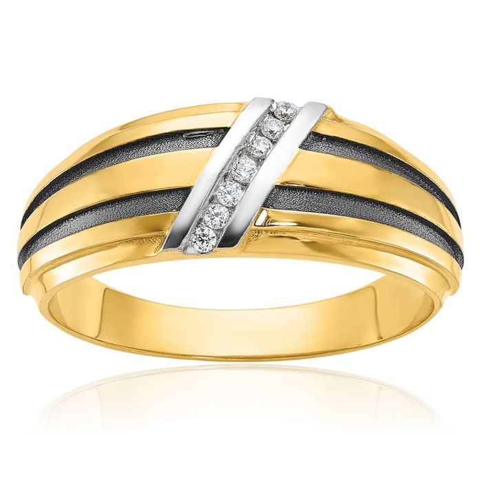 10K Solid Yellow Gold Black White Mens Diamond Wedding Band Statement Ring