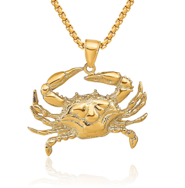 14K Solid Yellow Gold Blue Crab Claw Necklace Chain Pendant Charm