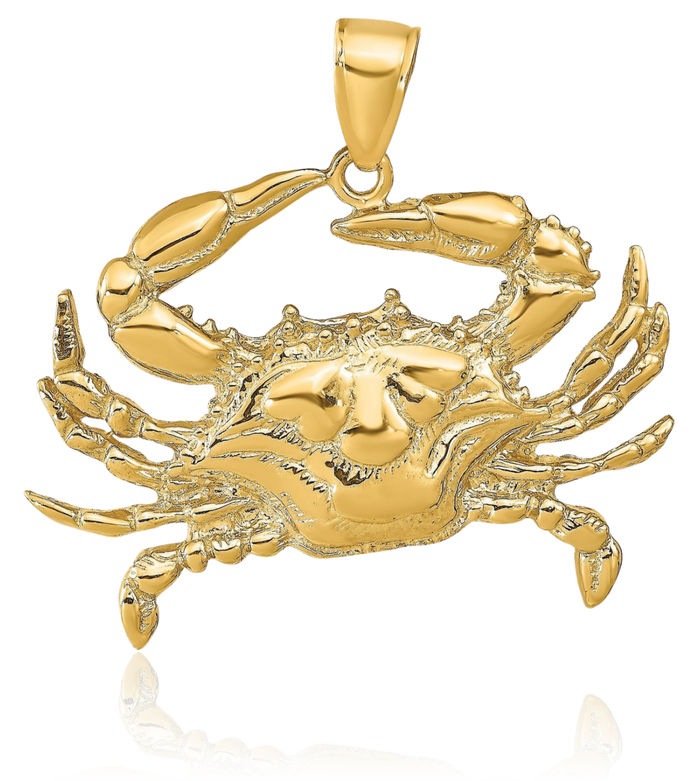 14K Solid Yellow Gold Blue Crab Claw Necklace Chain Pendant Charm