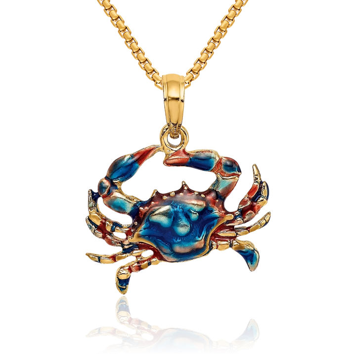 10K Solid Yellow Gold Blue Crab Claw Necklace Chain Pendant Charm