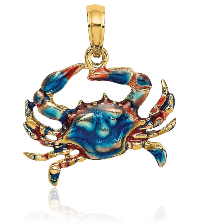 10K Solid Yellow Gold Blue Crab Claw Necklace Chain Pendant Charm