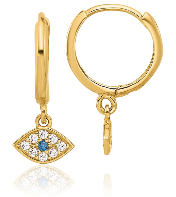 10K Solid Yellow Gold Blue Cubic Zirconia CZ Hamsa Hand of Fatima Evil Eye Protection Good Luck Hoop Drop Dangle Earrings