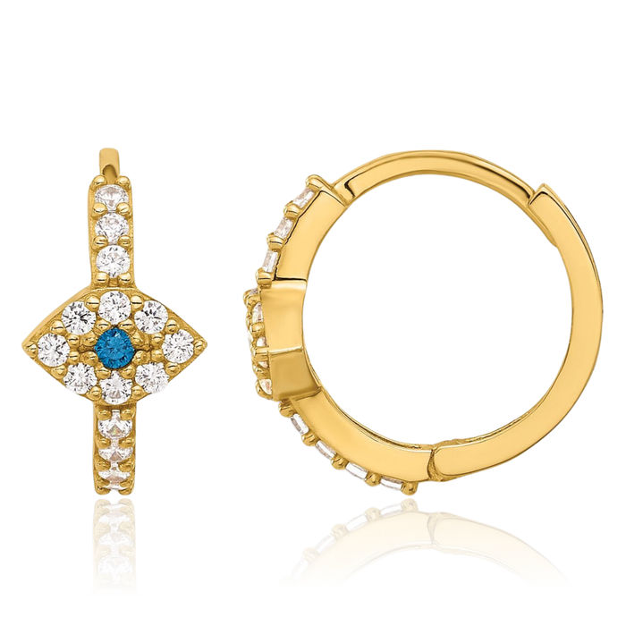 10K Solid Yellow Gold Blue Cubic Zirconia CZ Hamsa Hand of Fatima Evil Eye Protection Good Luck Huggie Round Hoop Earrings