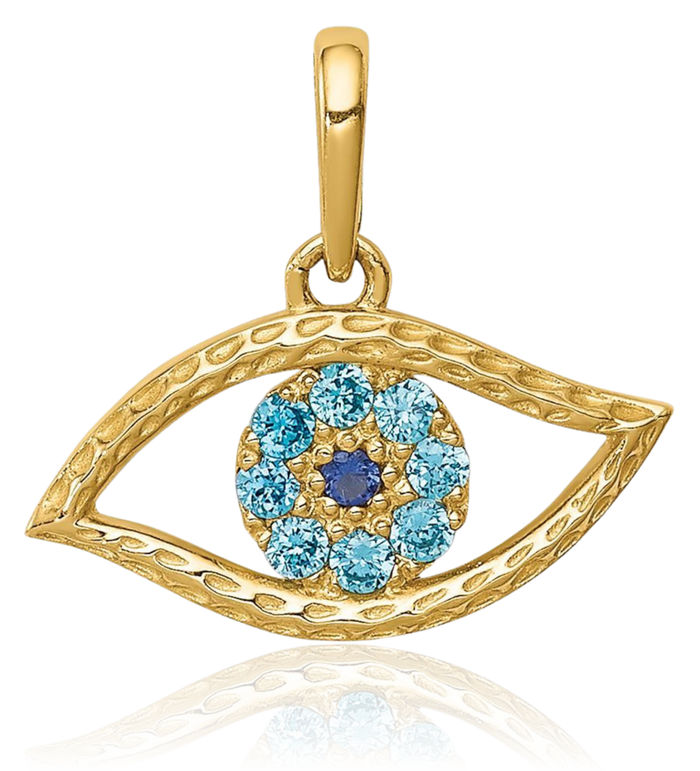 10K Solid Yellow Gold Blue Cubic Zirconia CZ Hamsa Hand of Fatima Evil Eye Protection Good Luck Necklace Chain Pendant Charm