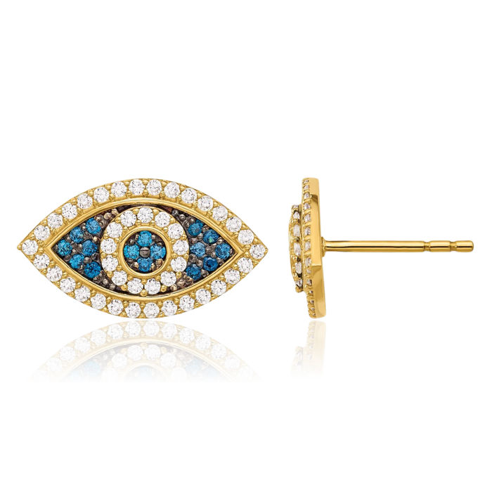 10K Solid Yellow Gold Blue Cubic Zirconia CZ Hamsa Hand of Fatima Evil Eye Protection Good Luck Stud Earrings