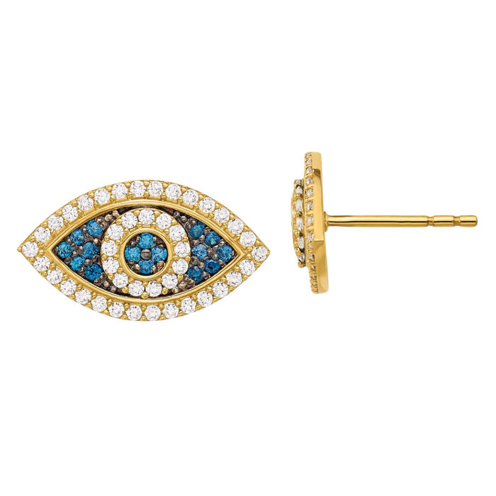 10K Solid Yellow Gold Blue Cubic Zirconia CZ Hamsa Hand of Fatima Evil Eye Protection Good Luck Stud Earrings