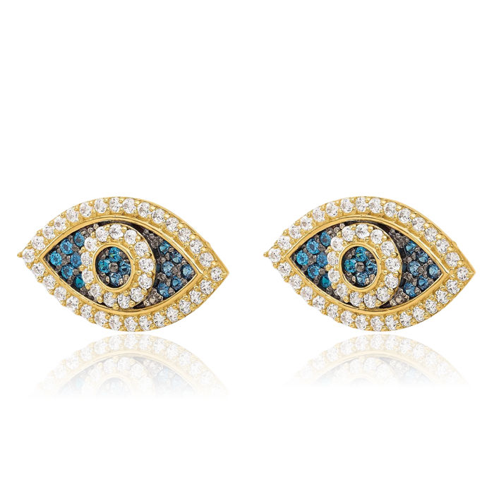 10K Solid Yellow Gold Blue Cubic Zirconia CZ Hamsa Hand of Fatima Evil Eye Protection Good Luck Stud Earrings