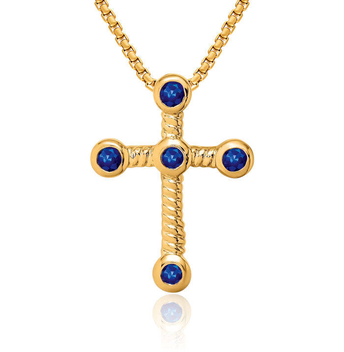 10K Solid Yellow Gold Blue Sapphire Holy Cross Floating Chain Slide Gemstone Pendant Necklace Charm