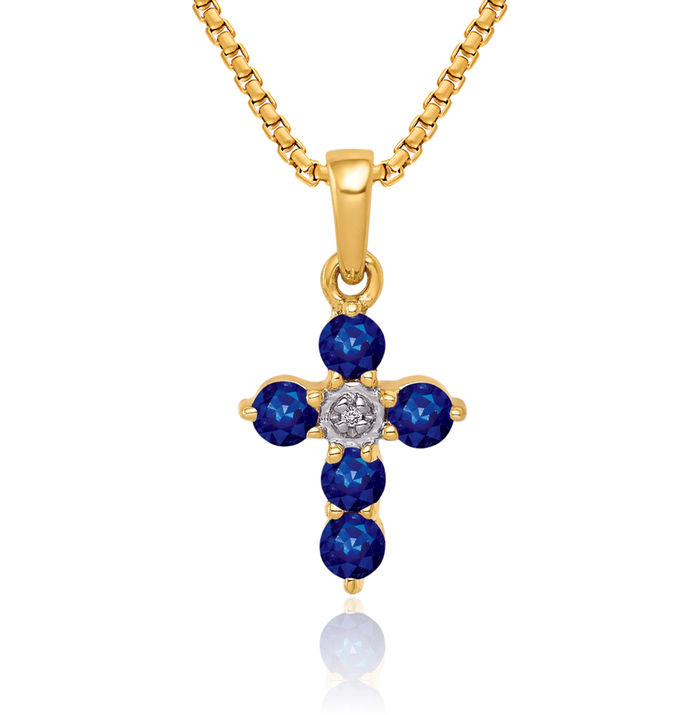 10K Solid Yellow Gold Blue Sapphire Diamond Holy Cross Necklace Gemstone Pendant Charm April Birthstone Jewelry