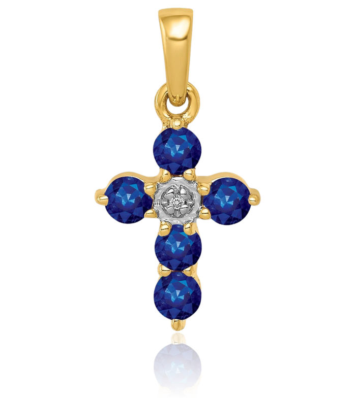 10K Solid Yellow Gold Blue Sapphire Diamond Holy Cross Necklace Gemstone Pendant Charm April Birthstone Jewelry