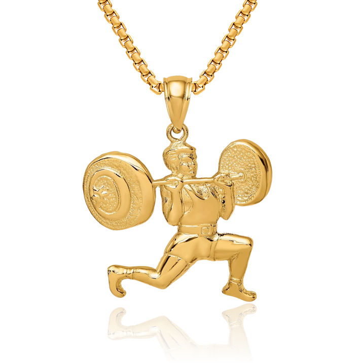 10K Solid Yellow Gold Bodybuilder Necklace Weightlifting Gym Sports Pendant Lover Fitness Charm