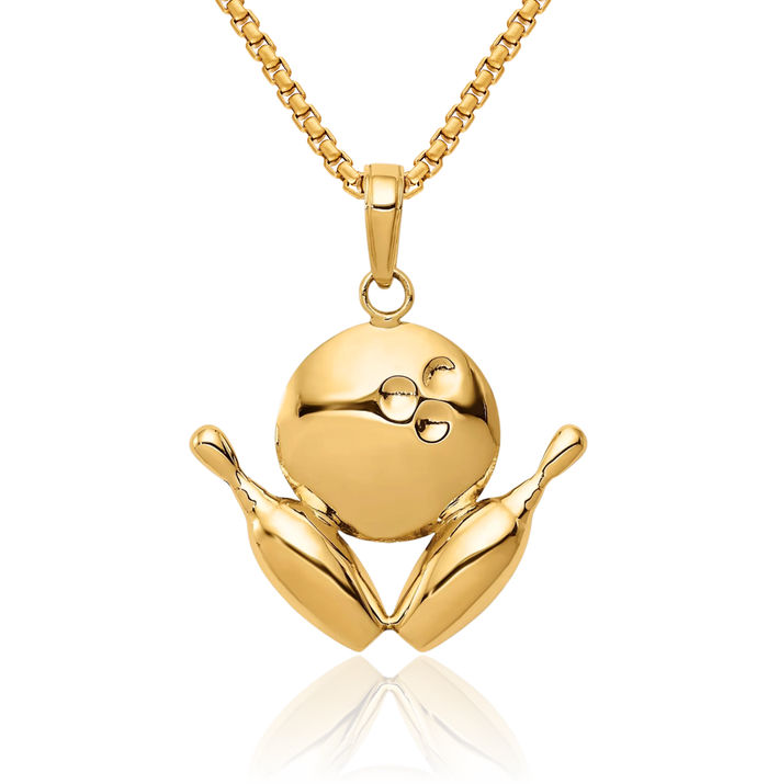 10K Solid Yellow Gold Bowling Necklace Charm Sports Pendant