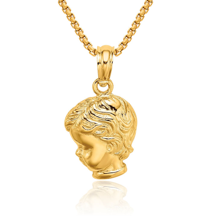 10K Solid Yellow Gold Boy Head Necklace Chain Pendant Charm