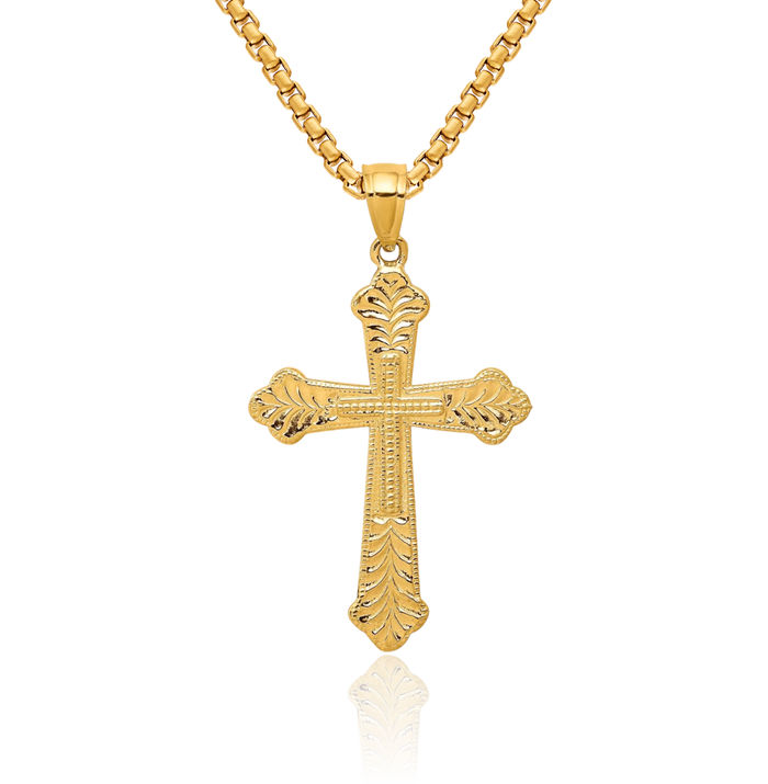 10K Solid Yellow Gold Budded Holy Cross Necklace Religious Chain Pendant Jesus Christ Christian Charm