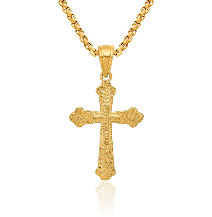 10K Solid Yellow Gold Budded Holy Cross Necklace Religious Chain Pendant Jesus Christ Christian Charm