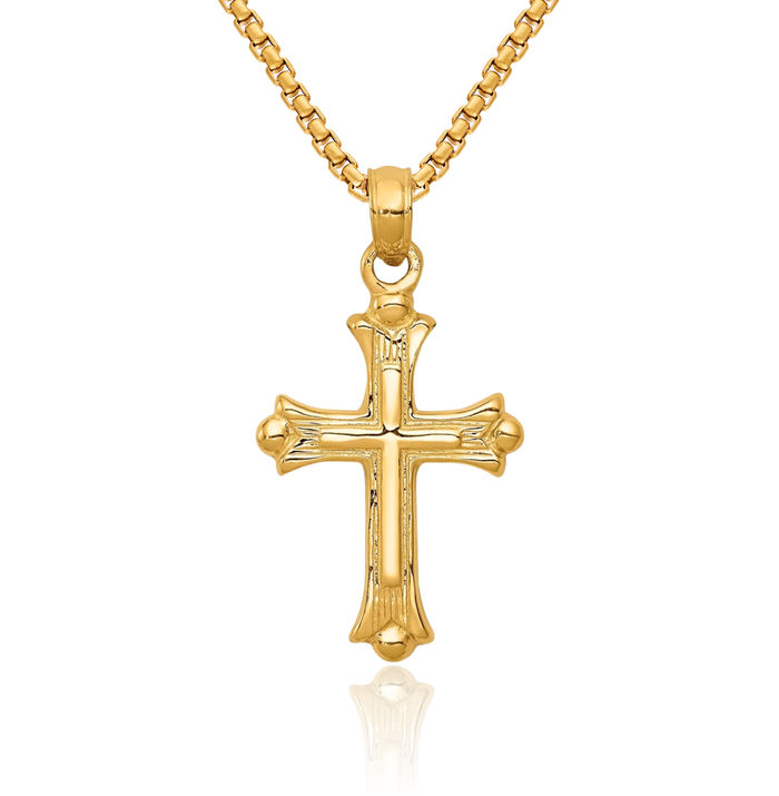 10K Solid Yellow Gold Budded Holy Cross Necklace Religious Chain Pendant Jesus Christ Christian Charm