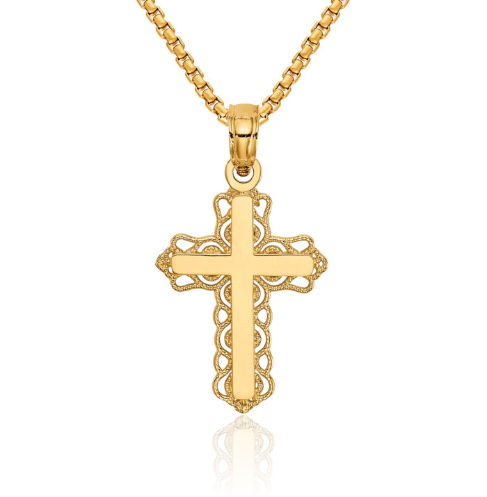 10K Solid Yellow Gold Budded Holy Cross Necklace Religious Chain Pendant Jesus Christ Christian Charm