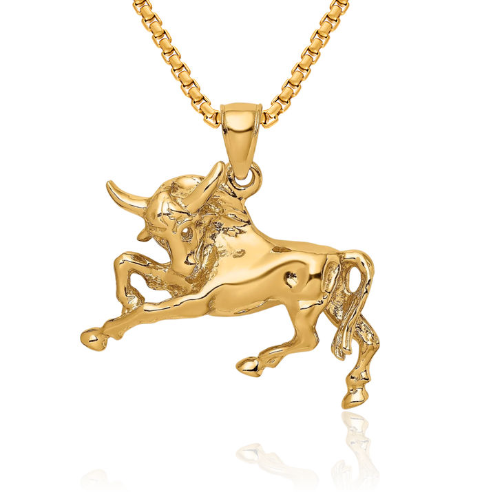 10K Solid Yellow Gold Buffalo Bull Head Skull Necklace Western Cowboy Pendant Taurus Charm