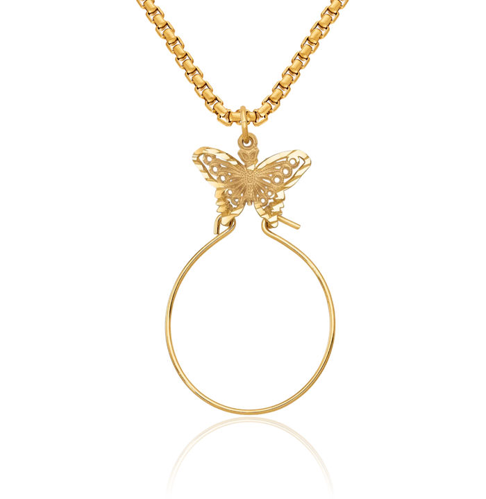 10K Solid Yellow Gold Butterfly Wings Holder Necklace Chain Pendant Charm