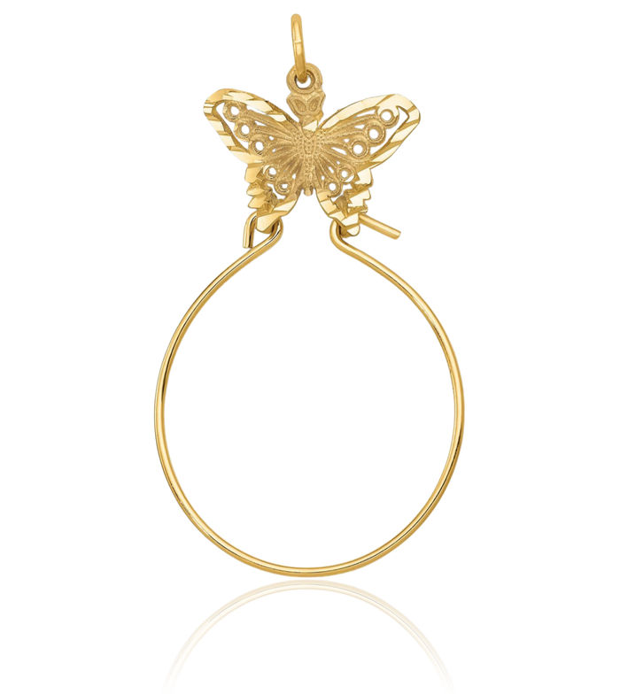 10K Solid Yellow Gold Butterfly Wings Holder Necklace Chain Pendant Charm