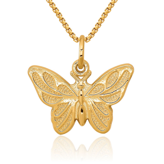 10K Solid Yellow Gold Butterfly Wings Necklace Chain Pendant Charm