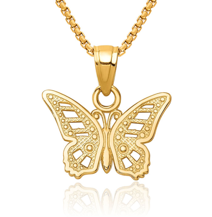 10K Solid Yellow Gold Butterfly Wings Necklace Chain Pendant Charm