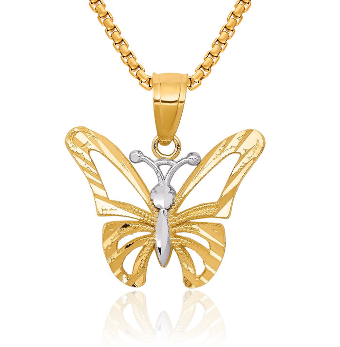 10K Solid Yellow Gold Butterfly Wings Necklace Chain Pendant Charm