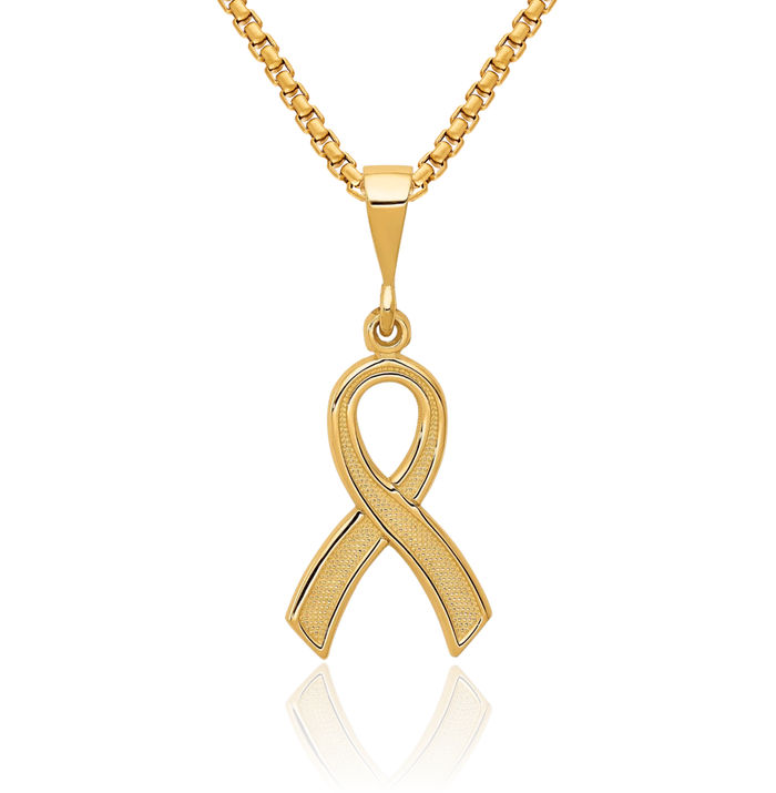 10K Solid Yellow Gold Cancer Awareness Ribbon Necklace Chain Pendant Charm