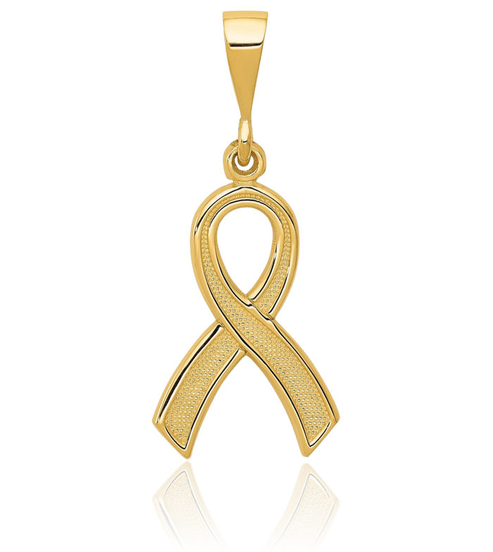 10K Solid Yellow Gold Cancer Awareness Ribbon Necklace Chain Pendant Charm
