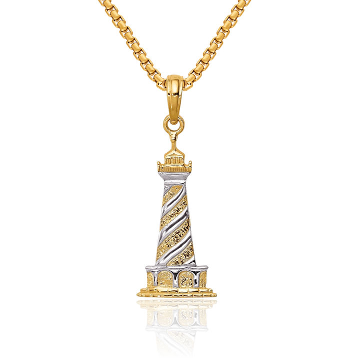 10K Solid Yellow Gold Cape Hatteras Lighthouse Necklace Chain Pendant Charm