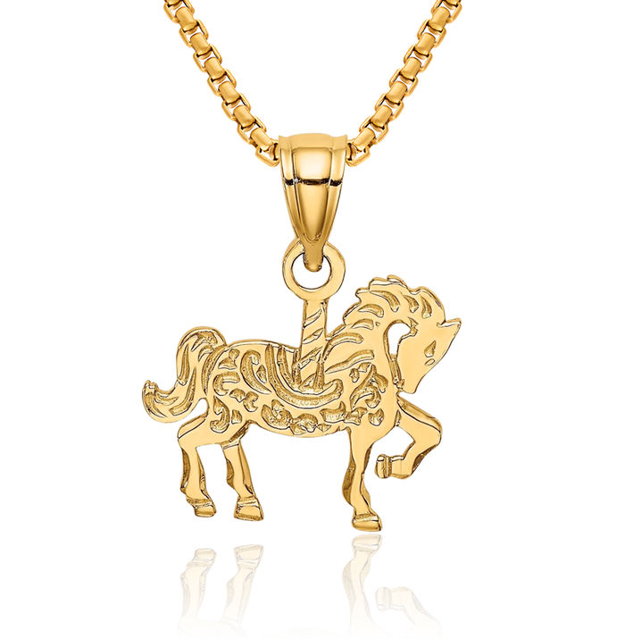 10K Solid Yellow Gold Carousel Horse Head Necklace Animal Lover Pendant Equestrian Charm