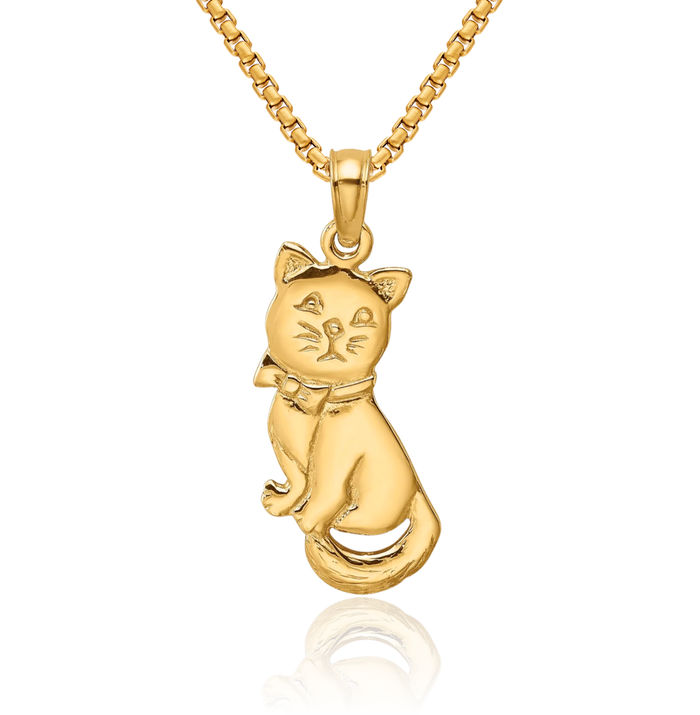 10K Solid Yellow Gold Cat Bow Necklace Chain Pendant Charm