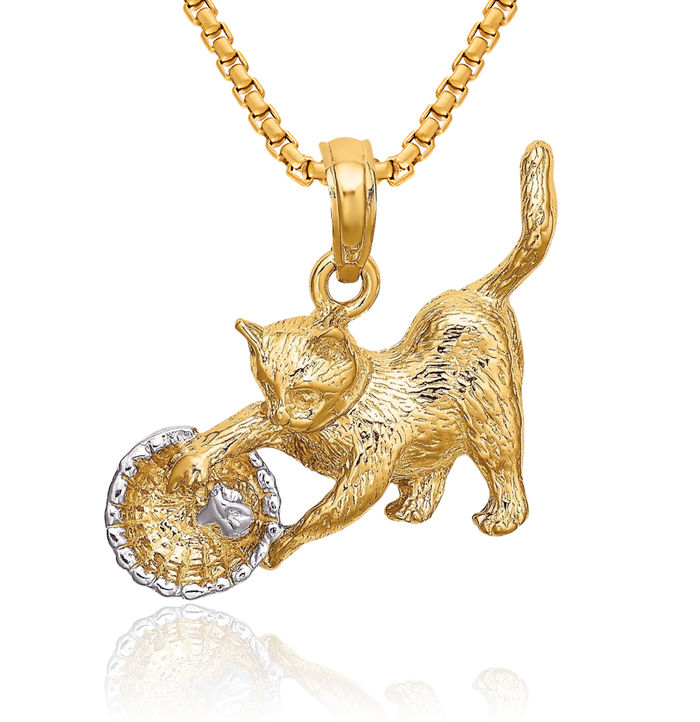 10K Solid Yellow Gold Cat Yarn Basket Necklace Chain Pendant Charm