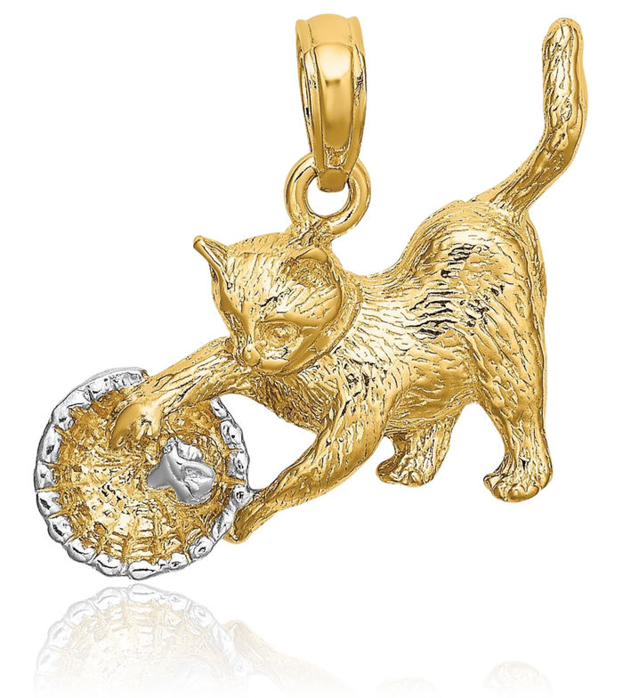 10K Solid Yellow Gold Cat Yarn Basket Necklace Chain Pendant Charm