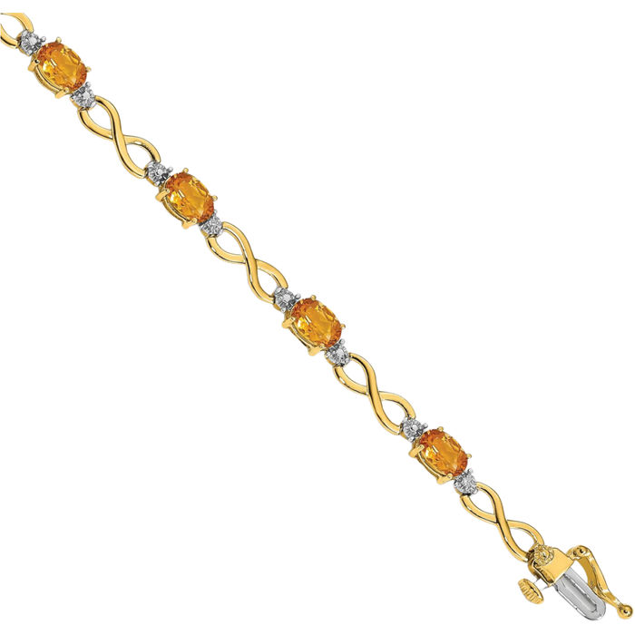 10K Solid Yellow Gold Orange Citrine Diamond Infinity Twisted Love Knot Symbol Chain Bracelet