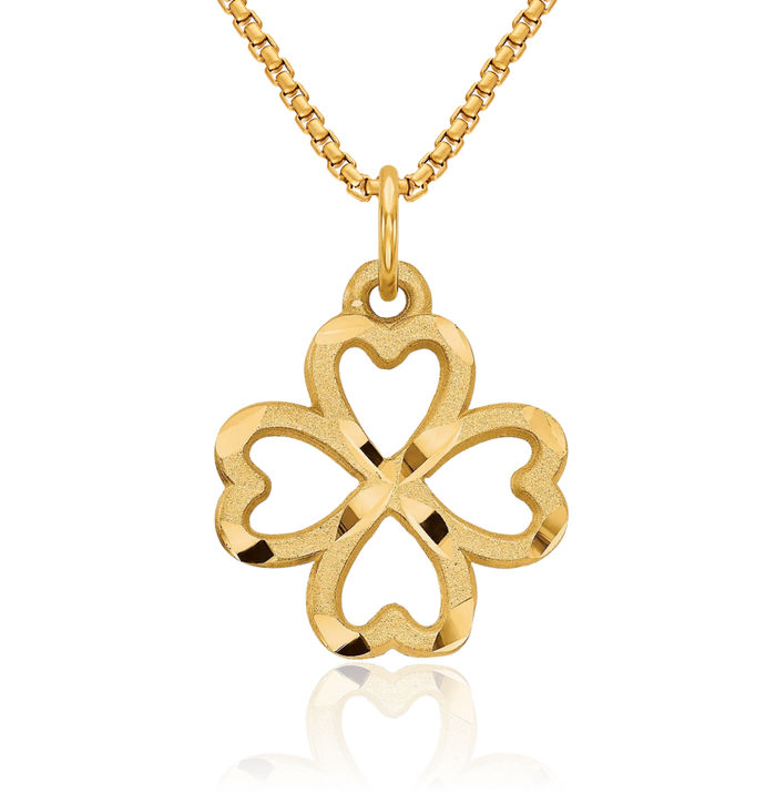 10K Solid Yellow Gold 4 Leaf Lucky Clover Shamrock Flower Necklace Heart Irish Claddagh Celtic Charm Pendant Jewelry