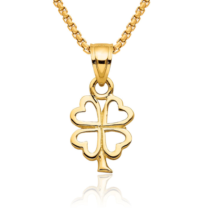 10K Solid Yellow Gold 4 Leaf Lucky Clover Shamrock Flower Necklace Heart Irish Claddagh Celtic Charm Pendant Jewelry