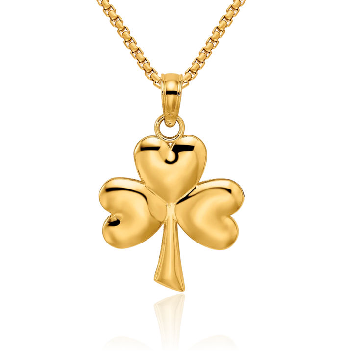 10K Solid Yellow Gold 3 Leaf Lucky Clover Shamrock Flower Necklace Heart Irish Claddagh Celtic Charm Pendant Jewelry