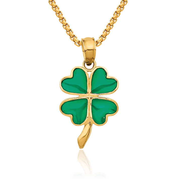 10K Solid Yellow Gold 4 Leaf Lucky Clover Shamrock Flower Necklace Chain Pendant Charm