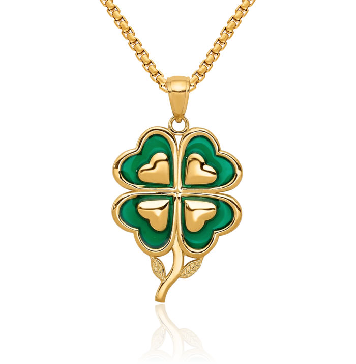 10K Solid Yellow Gold 4 Leaf Lucky Clover Shamrock Flower Necklace Heart Irish Claddagh Celtic Charm Pendant Jewelry