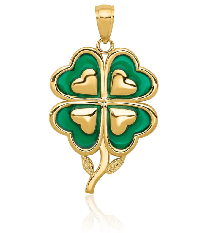 10K Solid Yellow Gold 4 Leaf Lucky Clover Shamrock Flower Necklace Heart Irish Claddagh Celtic Charm Pendant Jewelry