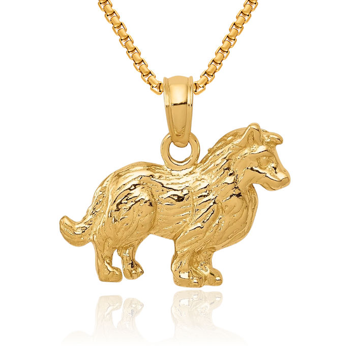 10K Solid Yellow Gold Collie Dog Necklace Chain Pendant Charm