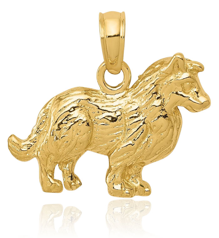 10K Solid Yellow Gold Collie Dog Necklace Chain Pendant Charm