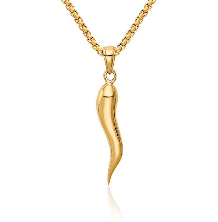 10K Solid Yellow Gold Cornicello Italian Horn Necklace Lucky Protection Amulet Pendant Chilli Pepper Charm