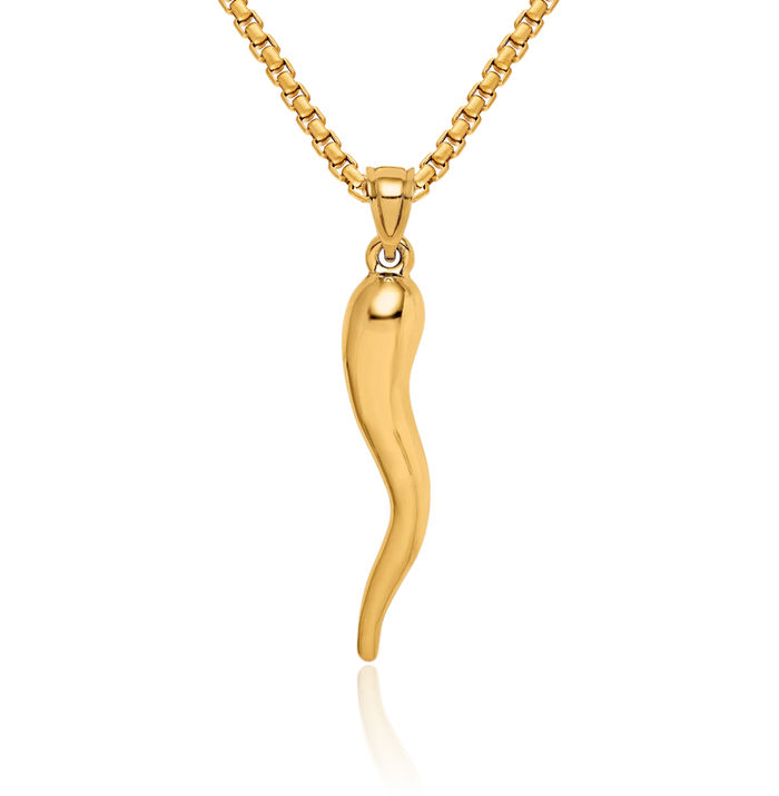 10K Solid Yellow Gold Cornicello Italian Horn Necklace Lucky Protection Amulet Pendant Chilli Pepper Charm