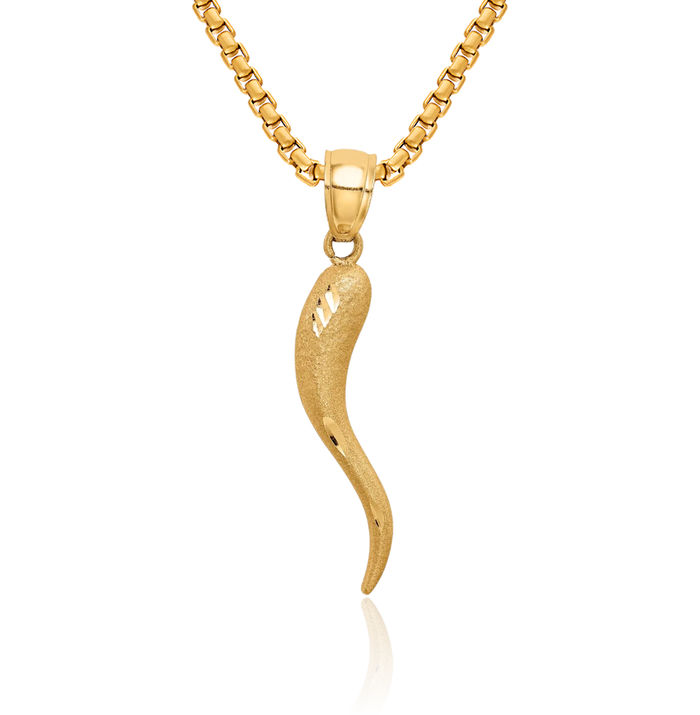 10K Solid Yellow Gold Cornicello Italian Horn Necklace Lucky Protection Amulet Pendant Chilli Pepper Charm