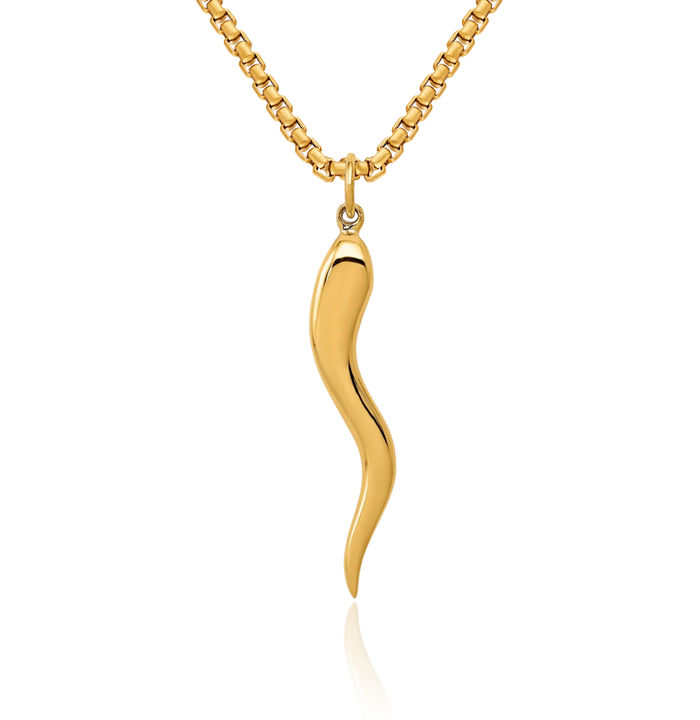 10K Solid Yellow Gold Cornicello Italian Horn Necklace Lucky Protection Amulet Pendant Chilli Pepper Charm