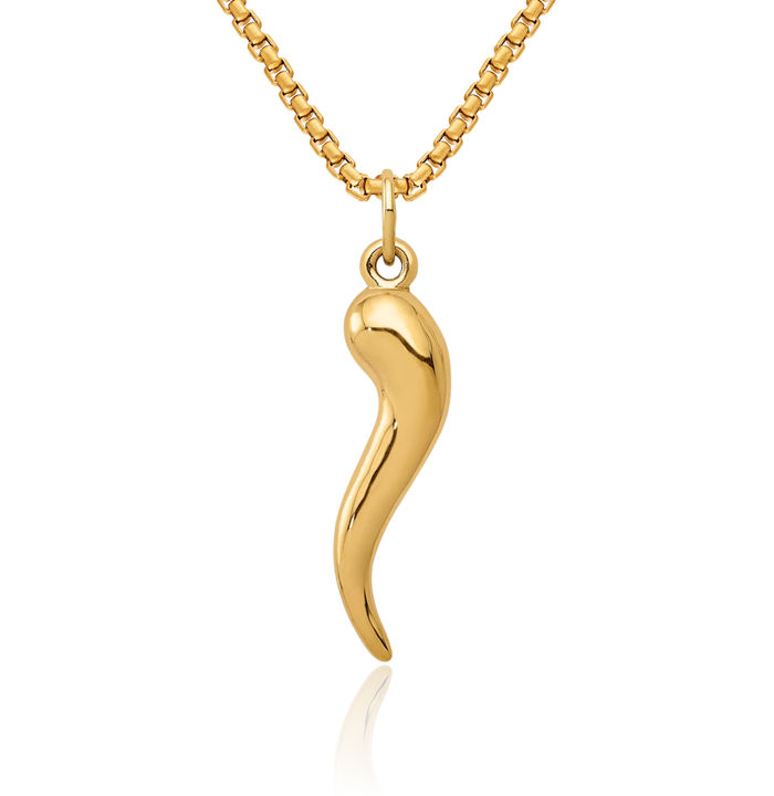 10K Solid Yellow Gold Cornicello Italian Horn Necklace Lucky Protection Amulet Pendant Chilli Pepper Charm